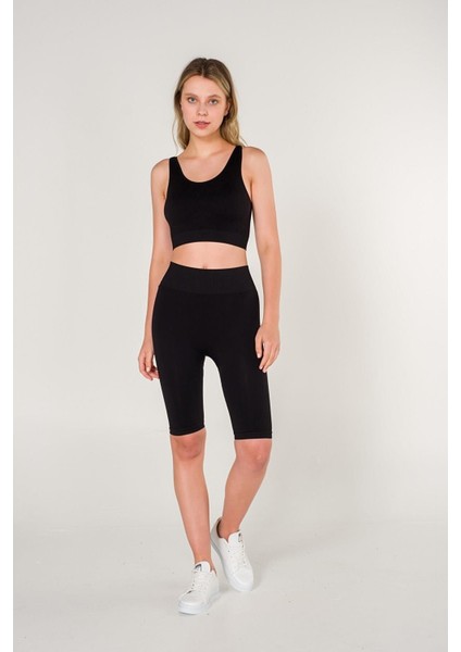 Fitilli Çapraz Detaylı Crop Top Seamless Spor Sütyeni Siyah