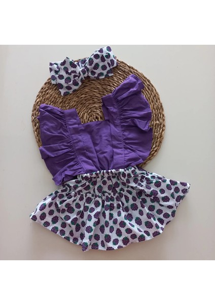 Kız Bebek Mor Lila Böğürtlen Desenli Fırfırlı Salopet Bandana Takım