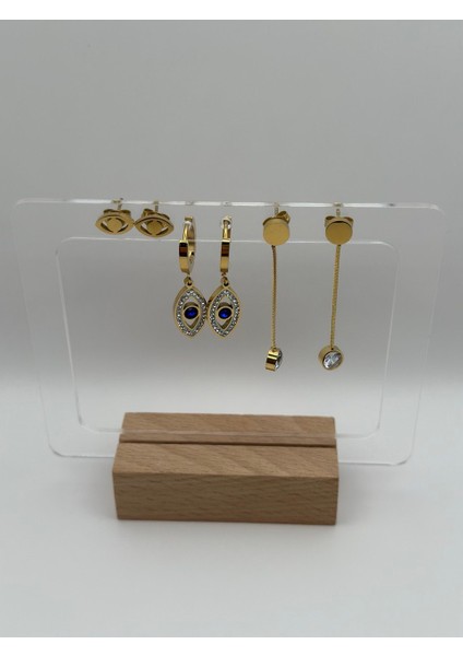 Arnes Jewelry Çelik Zirkon Taşlı Nazarlı Göz Detaylı 3 Çift Set Küpe