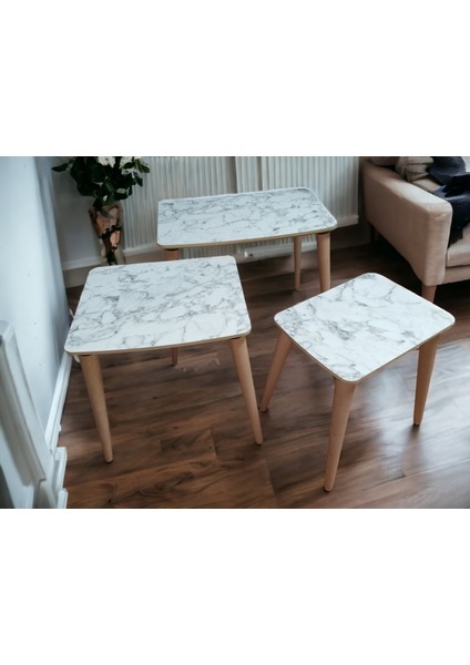 3'lü Zigon Sehpa Beyaz Mermer Desen Mdf Kaplama Ahşap Gürgen Ayaklı 3301000000768 fiyatları