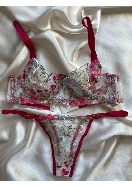 Pembe Çiçek Işlemeli Brode Balenli Bralet Sütyen Iç Çamaşır Takımı