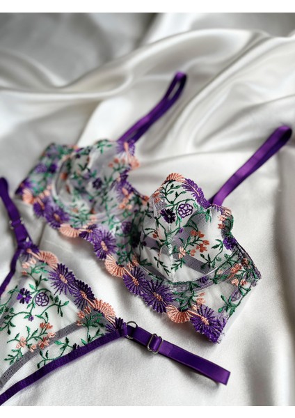 Mor Çiçek Işlemeli Brode Balenli Bralet Sütyen Iç Çamaşır Takımı modelleri