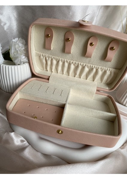 Çıtçıtlı Yüksek Kalite Takı Organizer Kutusu - Pembe Dikdörtgen Takı Seyahat Çantası