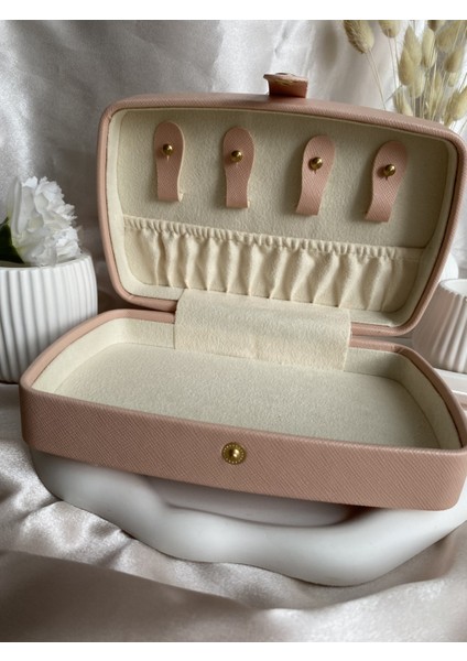 Çıtçıtlı Yüksek Kalite Takı Organizer Kutusu - Pembe Dikdörtgen Takı Seyahat Çantası