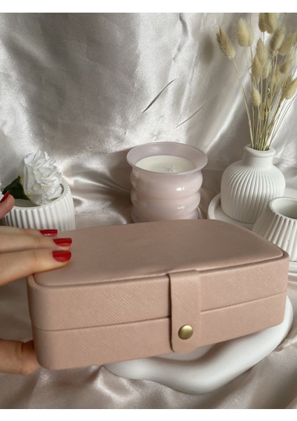 Çıtçıtlı Yüksek Kalite Takı Organizer Kutusu - Pembe Dikdörtgen Takı Seyahat Çantası