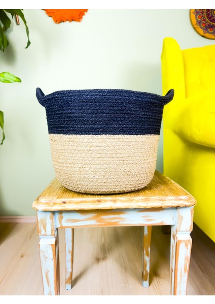 Düzenleyici Kulplu Üstü Siyah Şeritli Doğal Örgü Sepet Orta