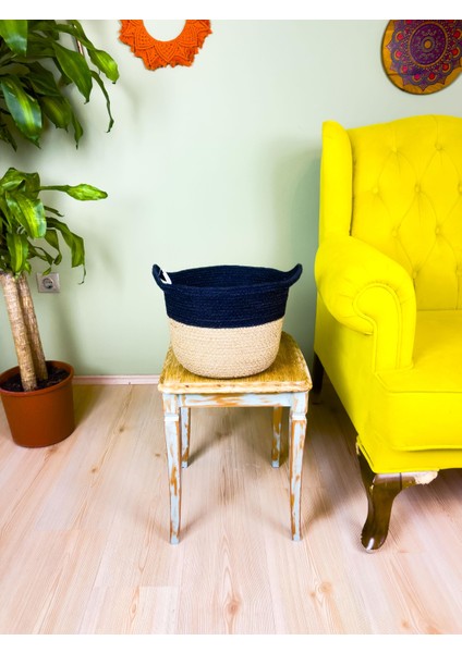 Düzenleyici Kulplu Üstü Siyah Şeritli Doğal Örgü Sepet Orta modelleri