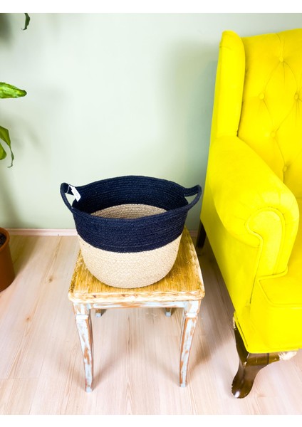 Düzenleyici Kulplu Üstü Siyah Şeritli Doğal Örgü Sepet Orta fırsatları