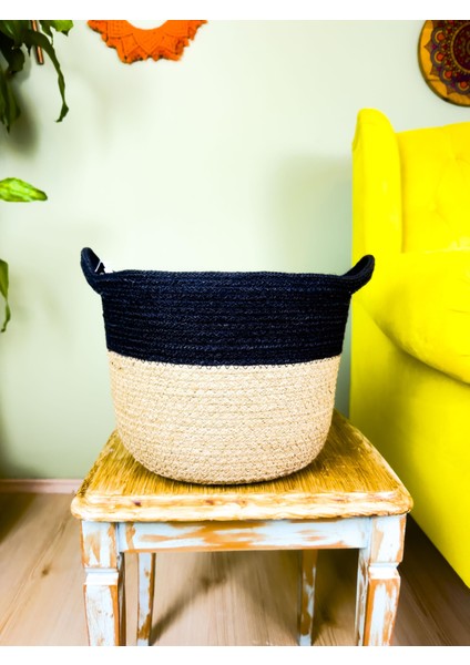 Düzenleyici Kulplu Üstü Siyah Şeritli Doğal Örgü Sepet Orta indirimleri