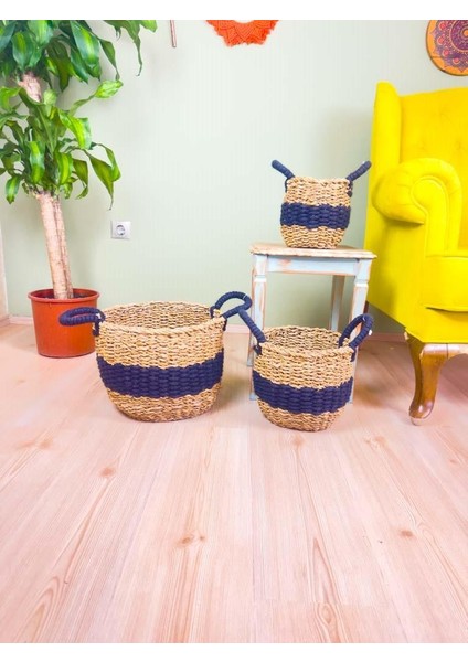 Düzenleyici Kulplu Siyah Şeritli Doğal Örgü Sepet Üçlü Set