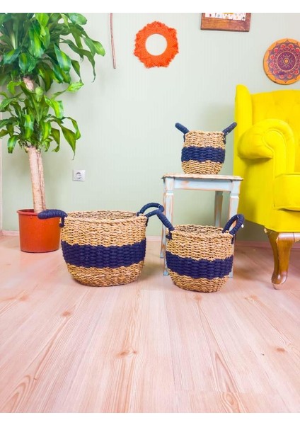 Düzenleyici Kulplu Siyah Şeritli Doğal Örgü Sepet Üçlü Set fiyatları