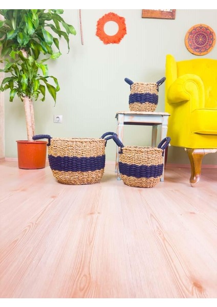 Düzenleyici Kulplu Siyah Şeritli Doğal Örgü Sepet Üçlü Set modelleri