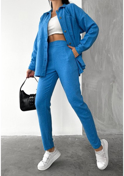 Kadın Indigo Mavi Yün Kaşe Gömlek ve Pantolon Ikili Takım Regüler Kalıp