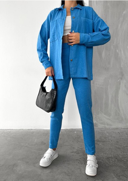 Kadın Indigo Mavi Yün Kaşe Gömlek ve Pantolon Ikili Takım Regüler Kalıp fiyatları