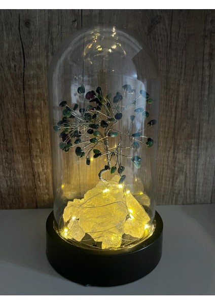 Sertifikalı Taş Zümrüt Tasarımlı Bakır Tel Sarma Işıklı Fanus Aksesuar 21X12 cm Büyük Boy