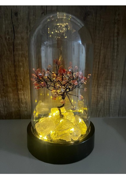 Sertifikalı Taş Çilek Kuvars Tasarımlı Bakır Tel Sarma Işıklı Fanus 21X12 cm Büyük Boy