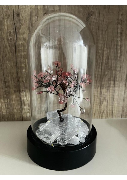 Sertifikalı Taş Çilek Kuvars Tasarımlı Bakır Tel Sarma Işıklı Fanus 21X12 cm Büyük Boy