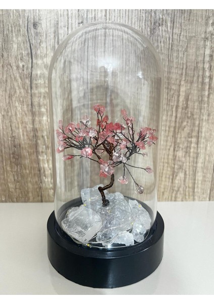 Sertifikalı Taş Çilek Kuvars Tasarımlı Bakır Tel Sarma Işıklı Fanus 21X12 cm Büyük Boy