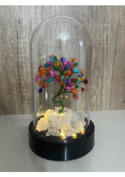 Sertifikalı Taş Sedef Tasarımlı Bakır Tel Sarma Işıklı Fanus Aksesuar 21X12 cm Büyük Boy