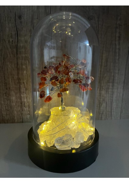 Sertifikalı Taş Akik Tasarımlı Bakır Tel Sarma Işıklı Fanus Aksesuar 21X12 cm Büyük Boy