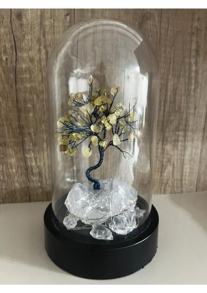 Sertifikalı Taş Sitrin Tasarımlı Bakır Tel Sarma Işıklı Fanus Aksesuar 21X12 cm Büyük Boy