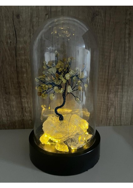 Sertifikalı Taş Sitrin Tasarımlı Bakır Tel Sarma Işıklı Fanus Aksesuar 21X12 cm Büyük Boy