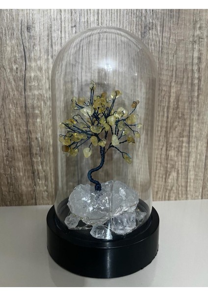 Sertifikalı Taş Sitrin Tasarımlı Bakır Tel Sarma Işıklı Fanus Aksesuar 21X12 cm Büyük Boy