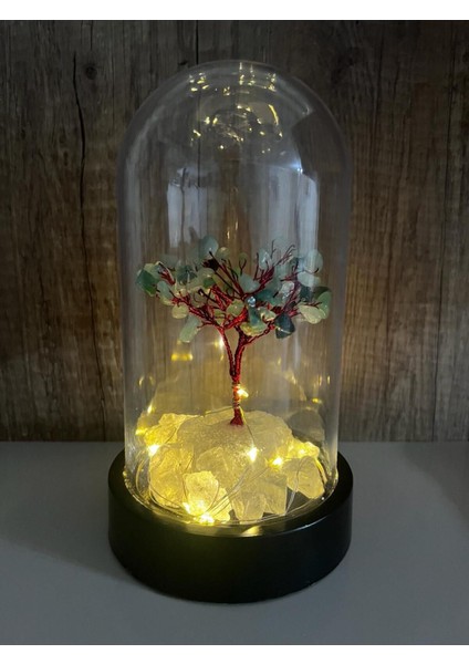Sertifikalı Taş Aventurin Tasarımlı Bakır Tel Sarma Işıklı Fanus Aksesuar 21X12 cm Büyük Boy