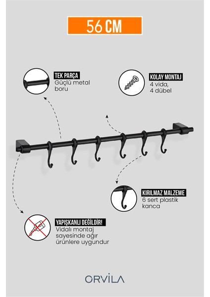 Dekoratif 6 Kancalı Siyah 56CM Mutfak ve Banyo Askısı Şık ve Pratik Askı Demiri