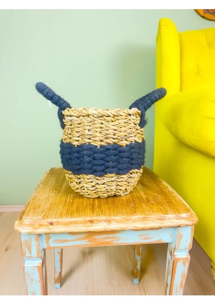 Düzenleyici Kulplu Siyah Şeritli Doğal Örgü Sepet Küçük