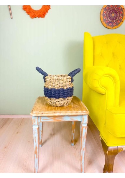 Düzenleyici Kulplu Siyah Şeritli Doğal Örgü Sepet Küçük modelleri