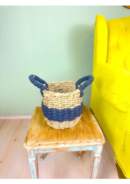 Düzenleyici Kulplu Siyah Şeritli Doğal Örgü Sepet Küçük fırsatları