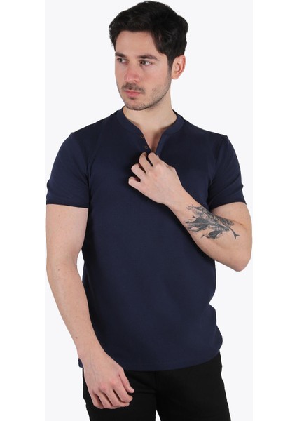 2122 Üç Düğme Hakim Yaka Ribana Modern Fit T-Shirt