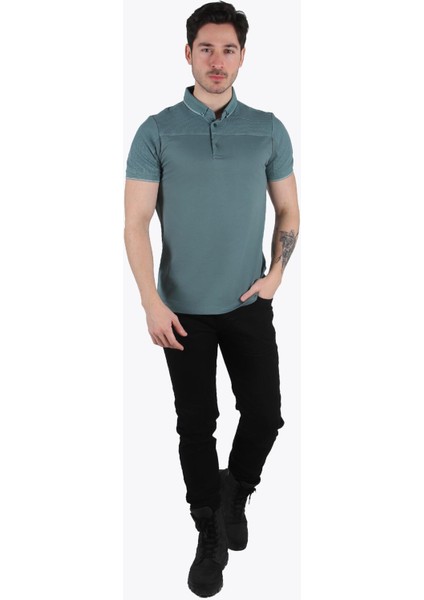 2122 Üç Düğme Hakim Yaka Ribana Modern Fit T-Shirt