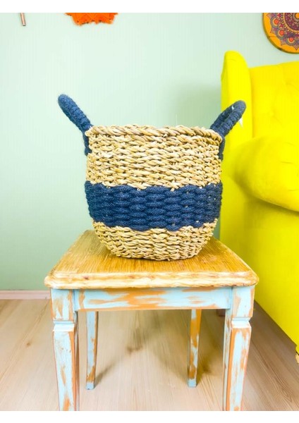 Düzenleyici Kulplu Siyah Şeritli Doğal Örgü Sepet Orta