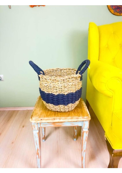 Düzenleyici Kulplu Siyah Şeritli Doğal Örgü Sepet Orta fiyatları