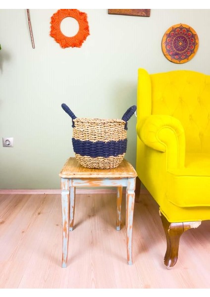 Düzenleyici Kulplu Siyah Şeritli Doğal Örgü Sepet Orta modelleri