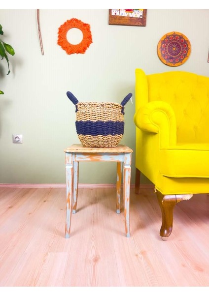 Düzenleyici Kulplu Siyah Şeritli Doğal Örgü Sepet Orta fırsatları