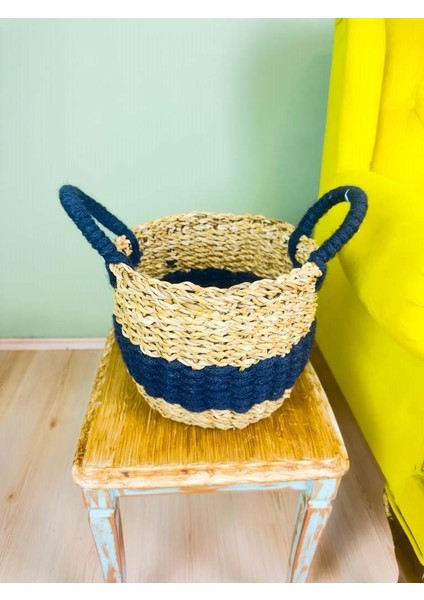 Düzenleyici Kulplu Siyah Şeritli Doğal Örgü Sepet Orta indirimleri