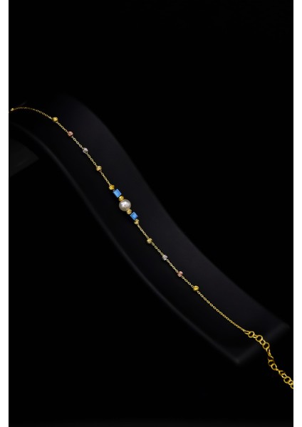 925 Ayar Gümüş Gold Kaplama Dorika Toplu , Lacivert Kare Taş Boncuklu Inci Bileklik