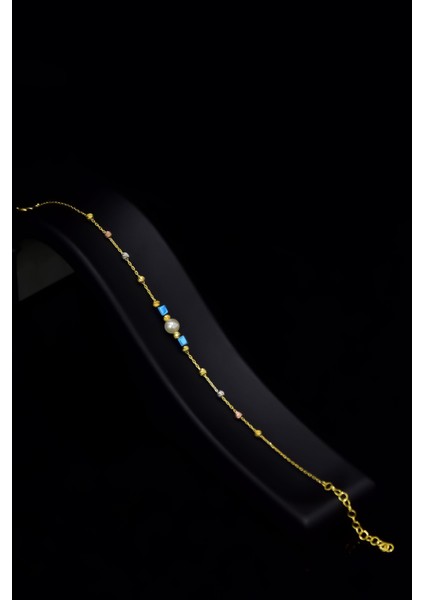 925 Ayar Gümüş Gold Kaplama Dorika Toplu , Lacivert Kare Taş Boncuklu Inci Bileklik fiyatları