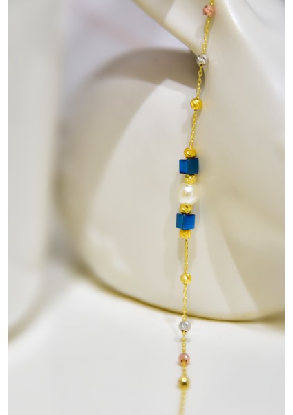 925 Ayar Gümüş Gold Kaplama Dorika Toplu , Lacivert Kare Taş Boncuklu Inci Bileklik modelleri