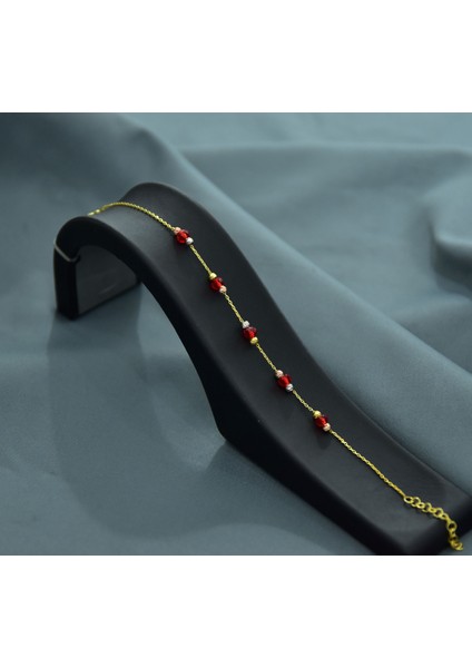 925 Ayar Gümüş Gold Kaplama Zarif Kırmızı Renk Boncuklu, Dorika Toplu Bileklik fiyatları