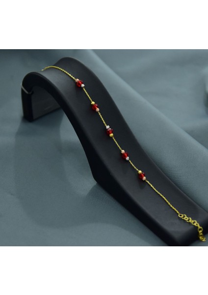925 Ayar Gümüş Gold Kaplama Zarif Kırmızı Renk Boncuklu, Dorika Toplu Bileklik modelleri