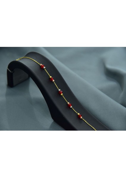 925 Ayar Gümüş Gold Kaplama Zarif Kırmızı Renk Boncuklu, Dorika Toplu Bileklik indirimleri