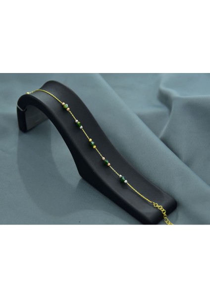 925 Ayar Gümüş Gold Kaplama Zarif Yeşil Renk Boncuklu, Dorika Toplu Bileklik