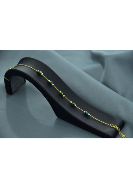 925 Ayar Gümüş Gold Kaplama Zarif Yeşil Renk Boncuklu, Dorika Toplu Bileklik modelleri