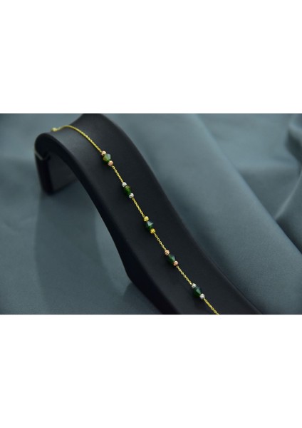 925 Ayar Gümüş Gold Kaplama Zarif Yeşil Renk Boncuklu, Dorika Toplu Bileklik fırsatları