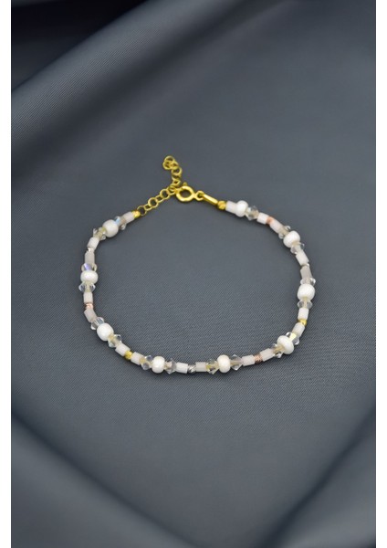 925 Ayar Gümüş Gold Kaplama Dorika Toplu , Beyaz Helezon Boncuk Bileklik