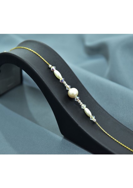 925 Ayar Gümüş Gold Kaplama Zarif Incili, Beyaz Boncuklu Bileklik